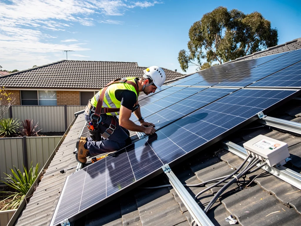 Solar panel installer on Australian roof
